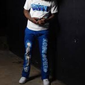 Soleboy Blue and white Lost Souls puff print flame skeleton sweatpants Deadstock